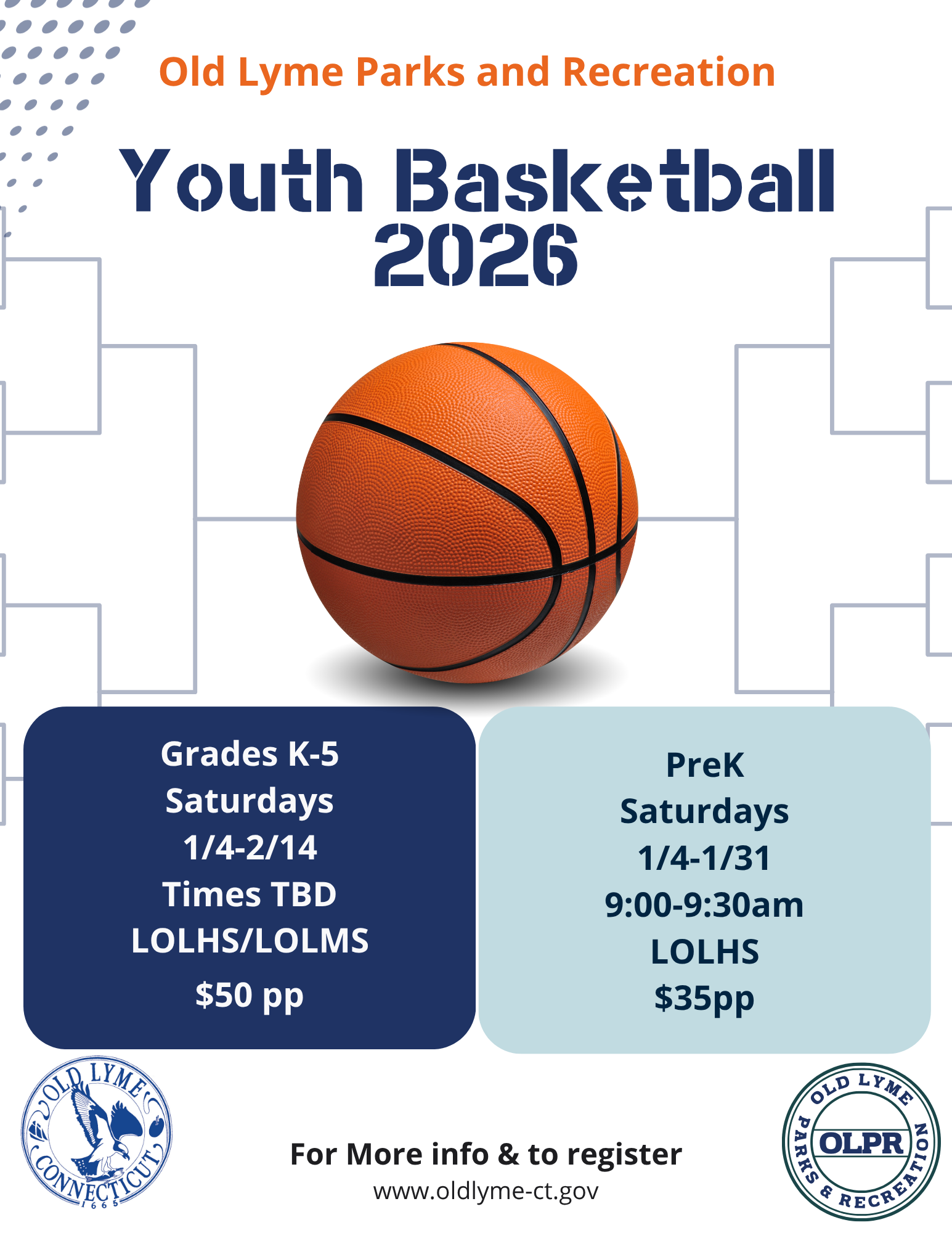 Old Lyme Parks and Recreation January 2026 Youth Basketball flyer